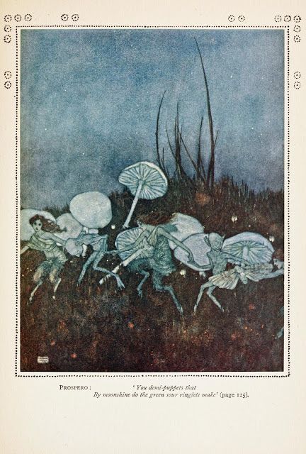 Edmund Dulac, Shakespeare, The Tempest, Prospero, Elves, Mushrooms, Fungus, Folklore