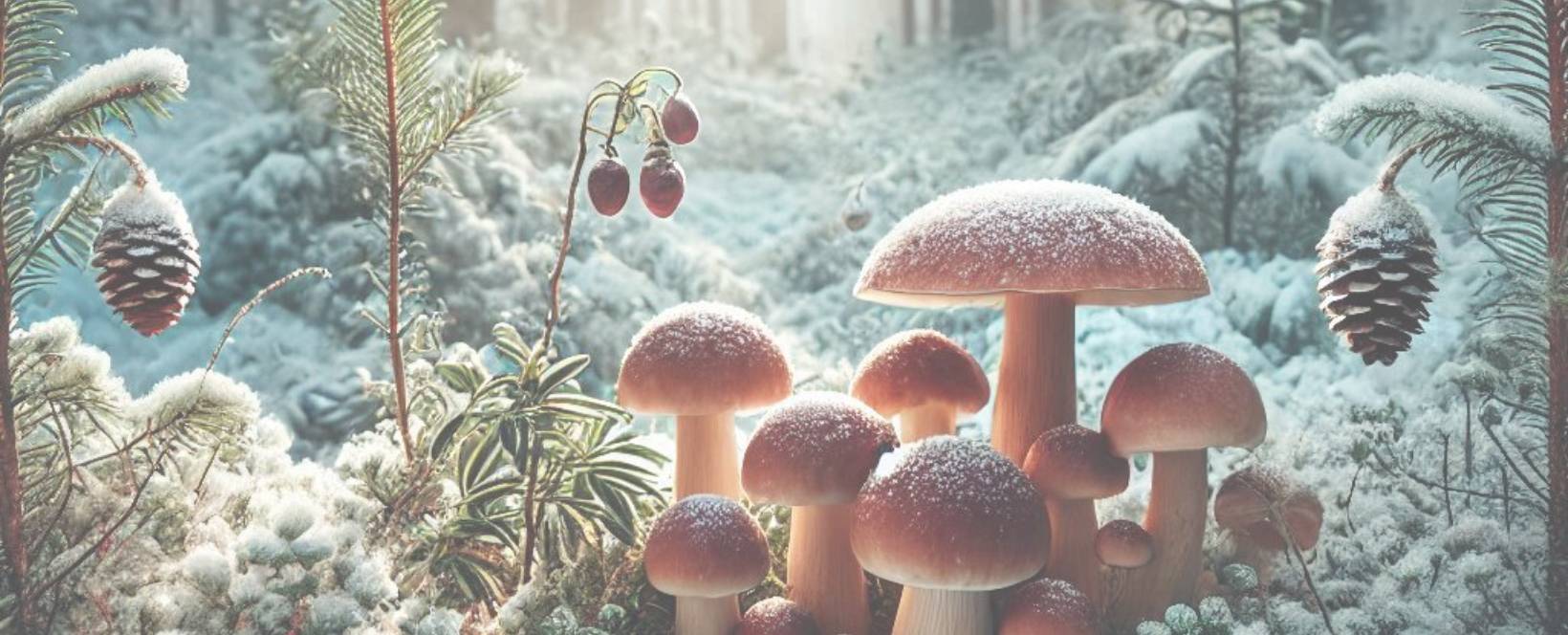 Mushrooms growing in a snowy pine forest